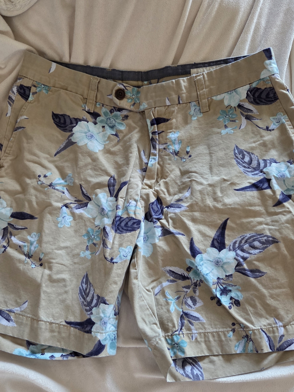 Lands' End Tan Floral Flat Front Shorts with Blue Print